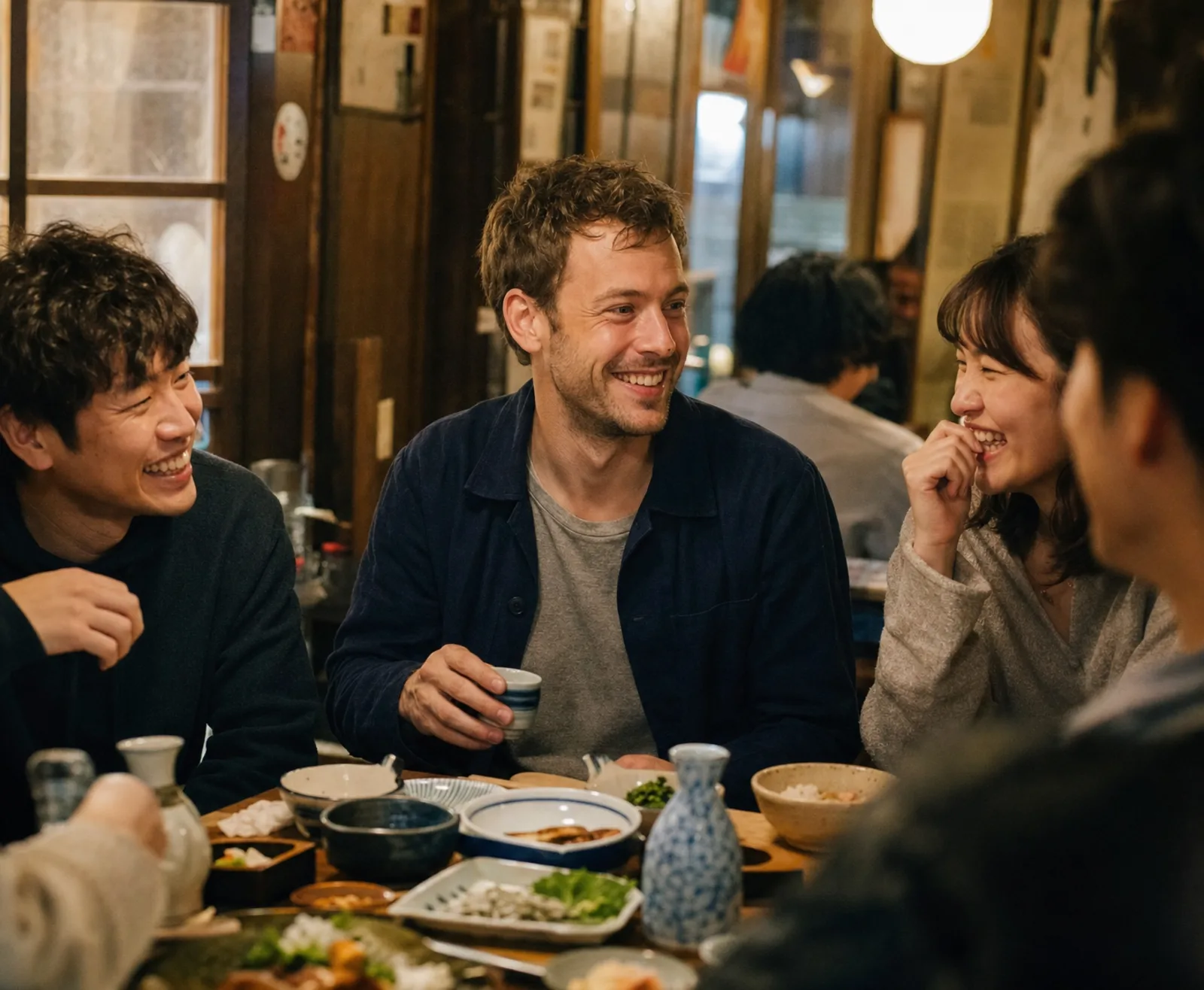 lo stesso viaggiatore condivide un pasto con amici giapponesi attorno a un tavolo basso, in un piccolo ristorante di quartiere la sera