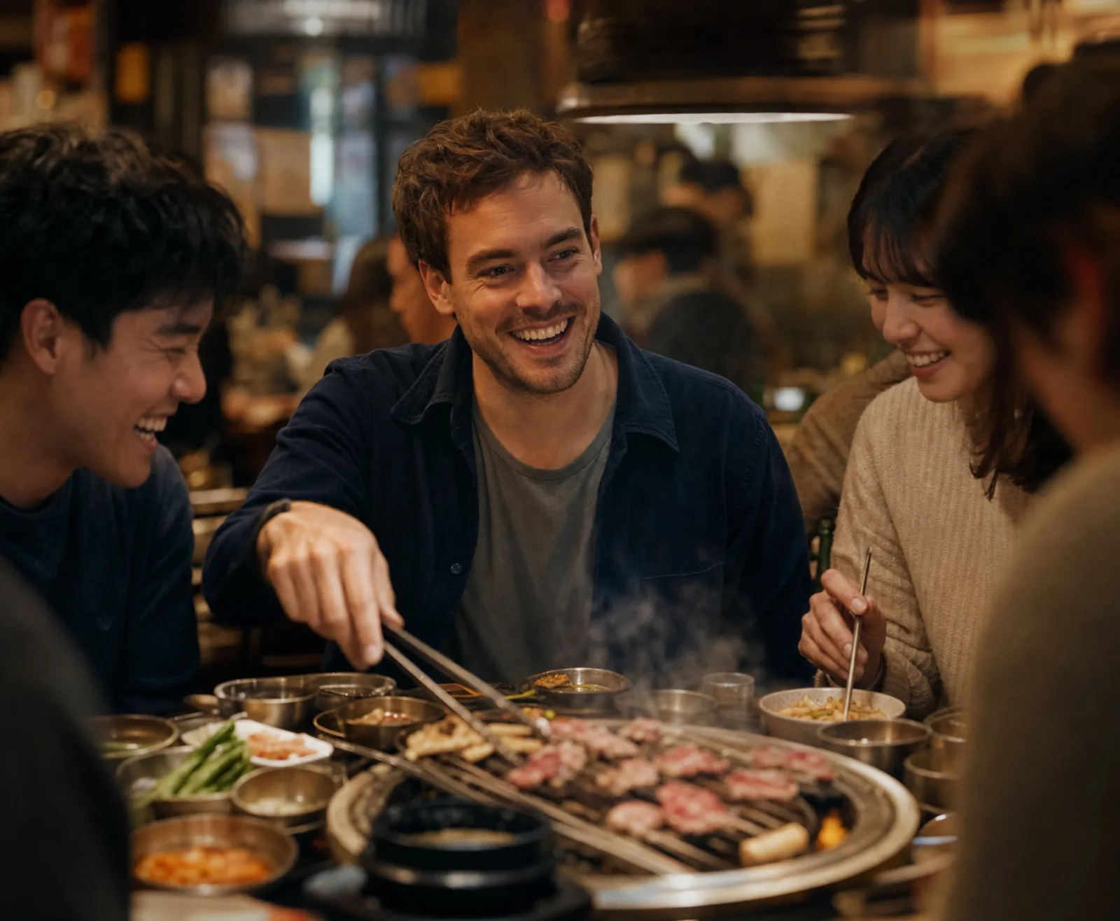 le même voyageur partage un barbecue coréen avec des amis, le soir, autour d’une table à grill dans un petit restaurant de Séoul