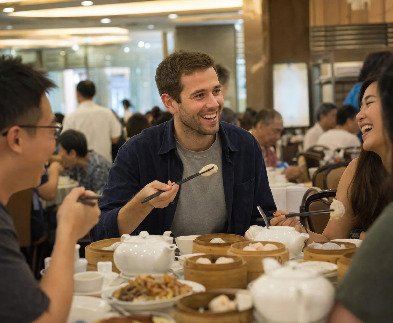 同一位旅行者和香港朋友在热闹的大酒楼里饮茶；圆桌上摆着竹蒸笼、茶壶和茶杯