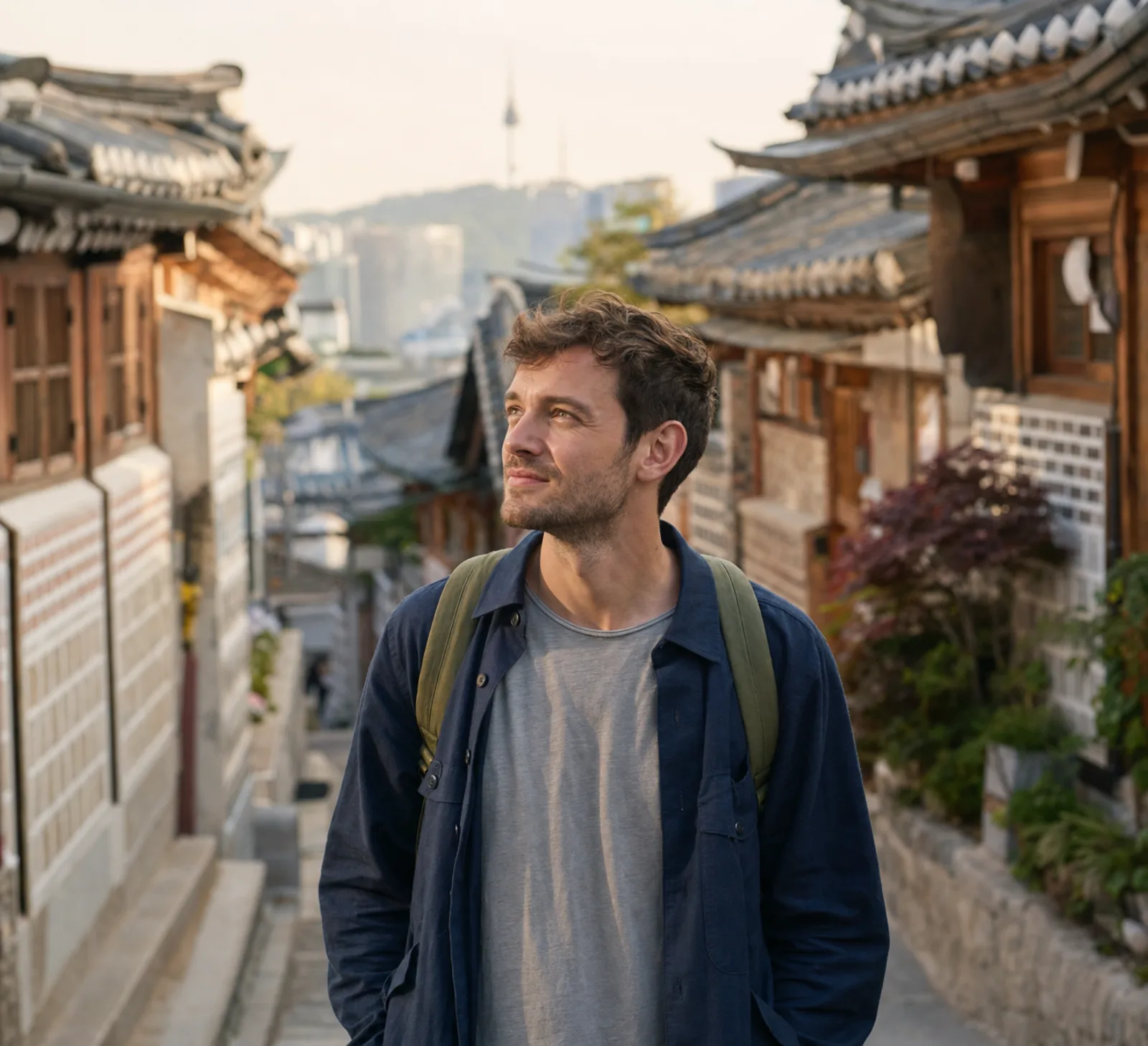 un jeune voyageur, sac à dos, s’arrête dans une ruelle en pente du quartier de Bukchon à Séoul, entre des maisons traditionnelles hanok aux toits de tuiles