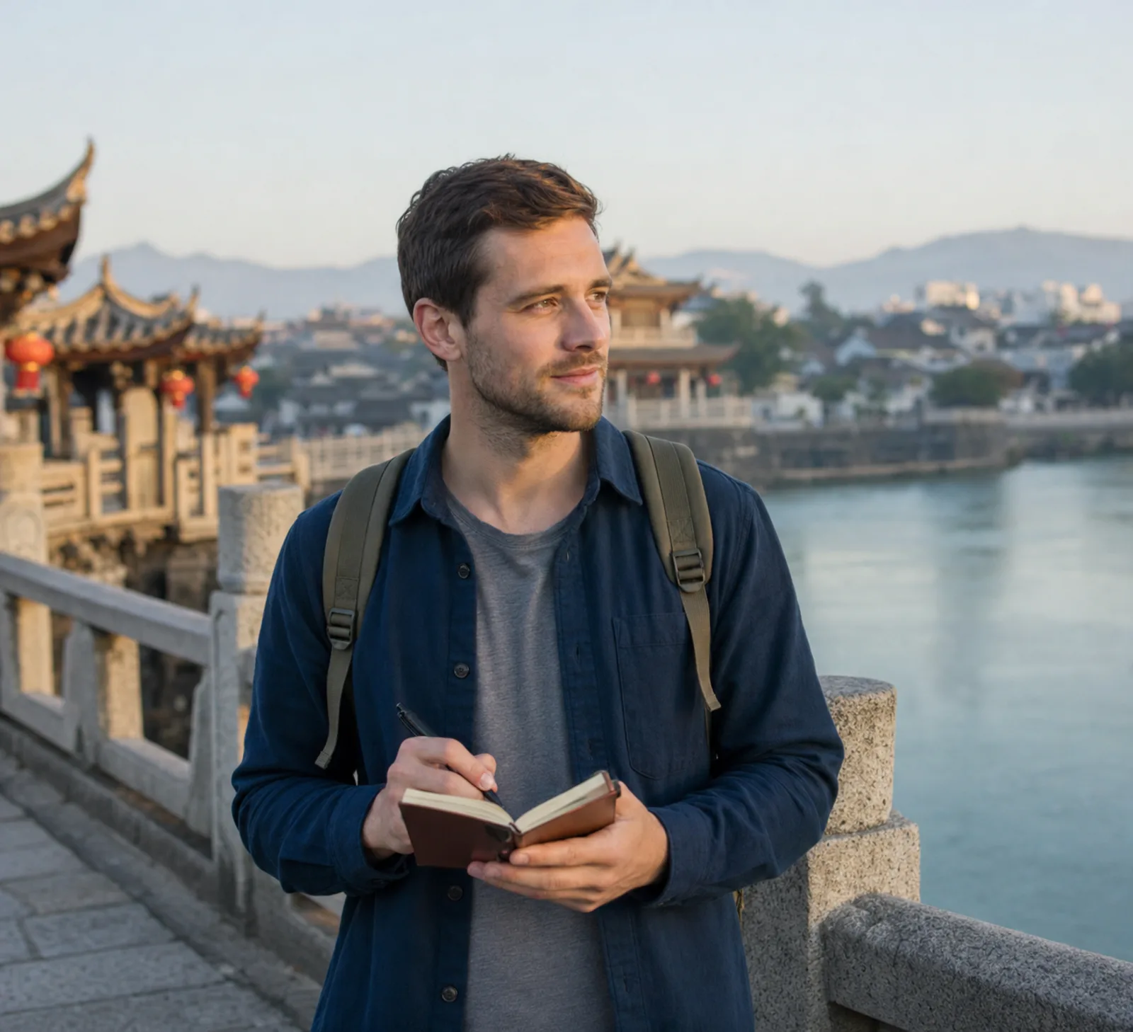 un jeune voyageur à sac à dos, carnet à la main, sur le pont Guangji de Chaozhou au petit matin ; la rivière Han et les toits de tuiles de la vieille ville derrière lui
