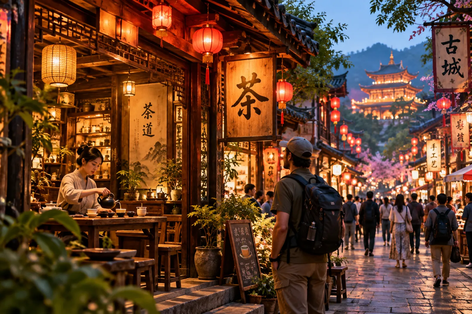 Busy street under lanterns, in front of a teahouse