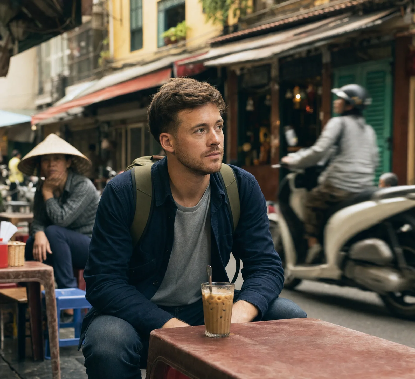 a traveller sitting on a low plastic stool outside a pavement café in Hanoi’s Old Quarter, a glass of iced coffee on the table, scooters going by