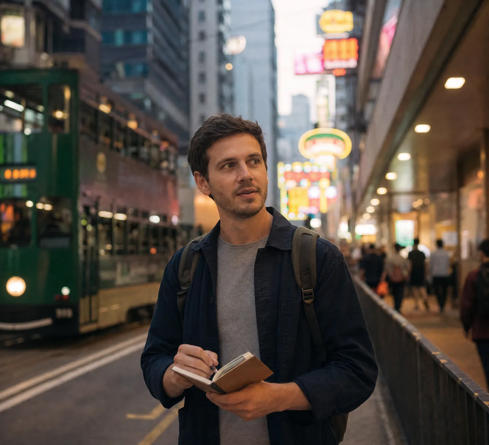 un giovane viaggiatore con lo zaino, taccuino in mano, su un marciapiede di Wan Chai al tramonto; passa un tram verde a due piani, insegne luminose sfocate sopra la strada