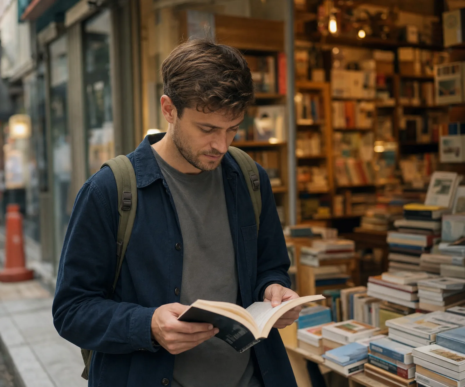 il viaggiatore sfoglia un libro davanti a una libreria di Seul, circondato da insegne e copertine in hangeul