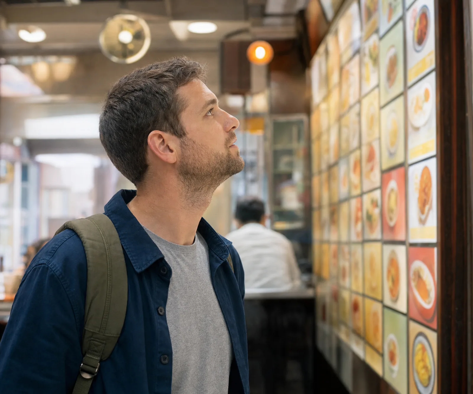il viaggiatore legge il menù appeso alla parete di un cha chaan teng di Hong Kong, file di tavolette colorate in caratteri tradizionali