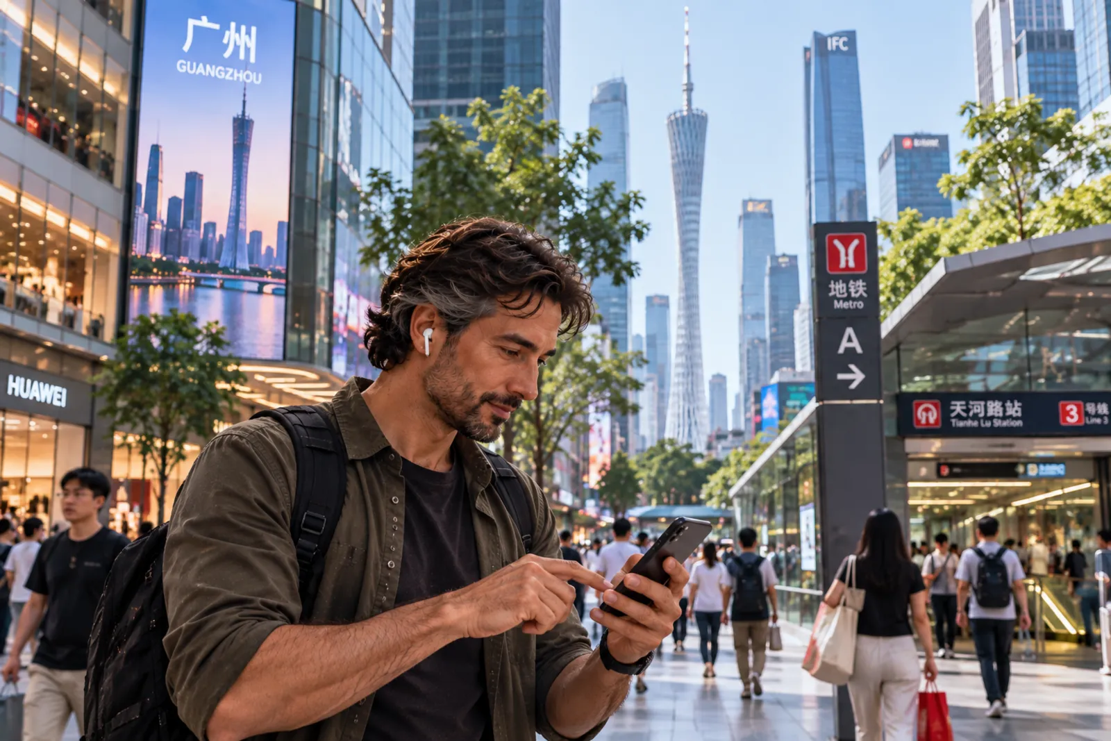 Apprenant avec des écouteurs, téléphone en main