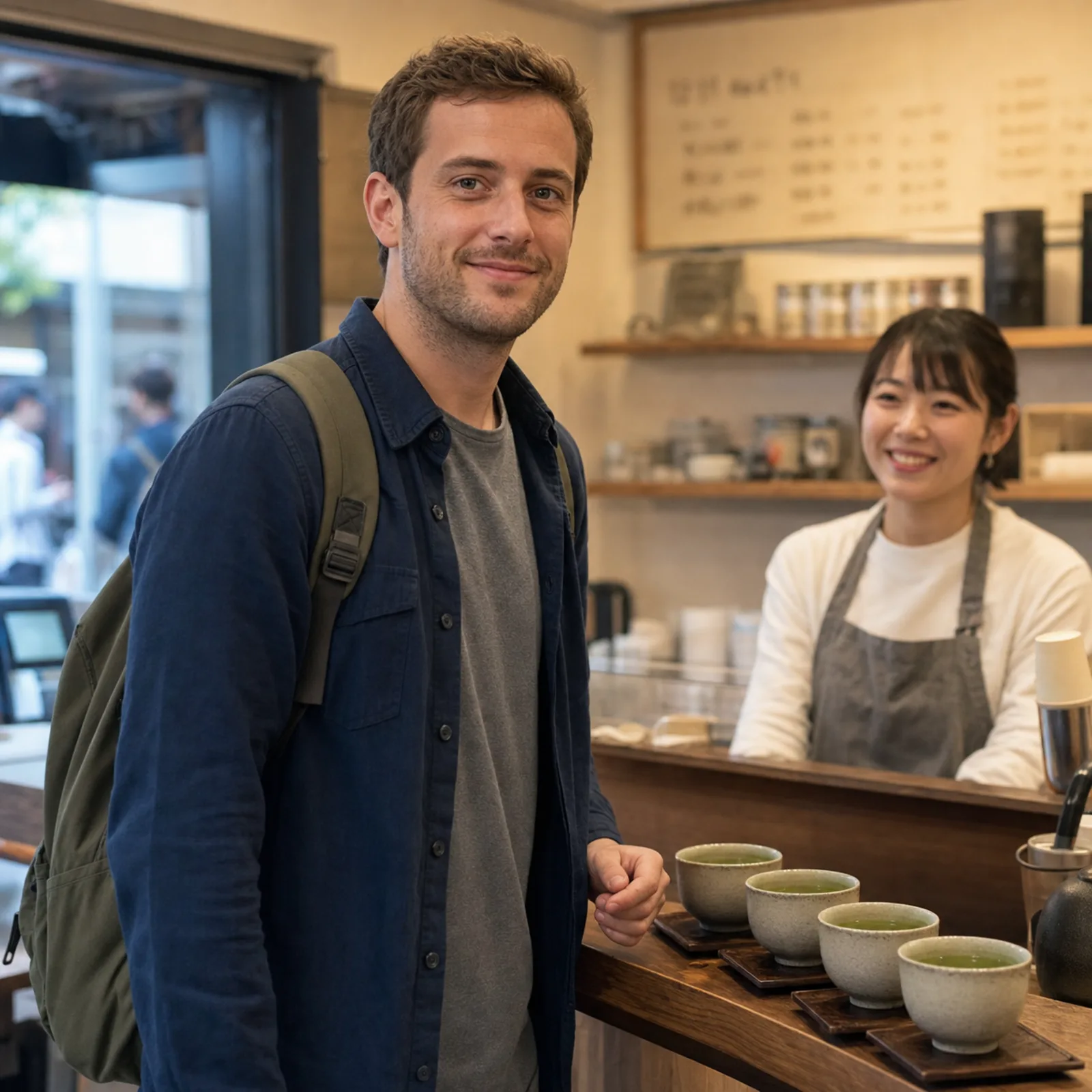 il viaggiatore ordina al banco di un piccolo caffè di Tokyo, tazze di tè verde in fila, menu scritto a mano