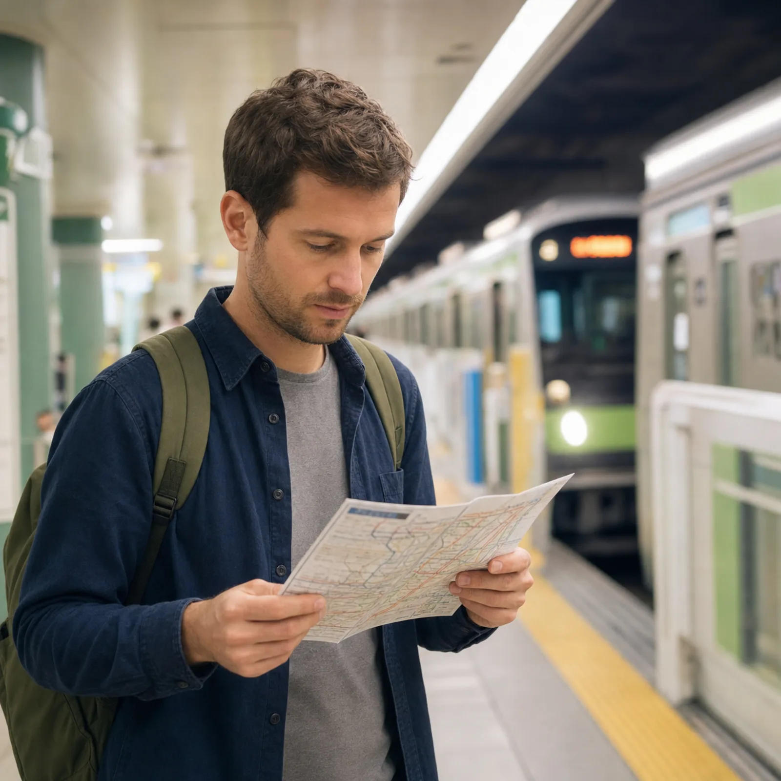 il viaggiatore consulta la mappa delle linee su una banchina della metropolitana di Tokyo, cartelli in giapponese e in inglese