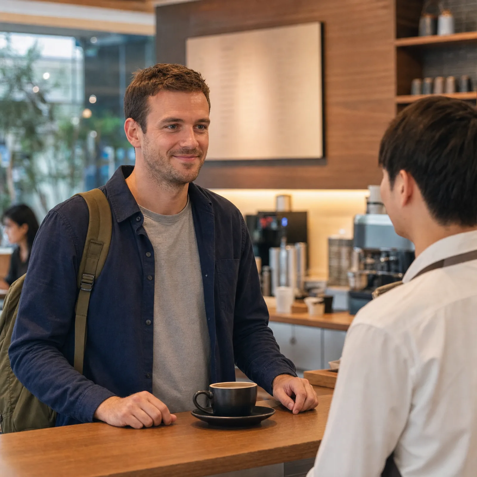 le voyageur commande au comptoir d’un café de Séoul, menu écrit en hangeul au mur, une tasse posée devant lui