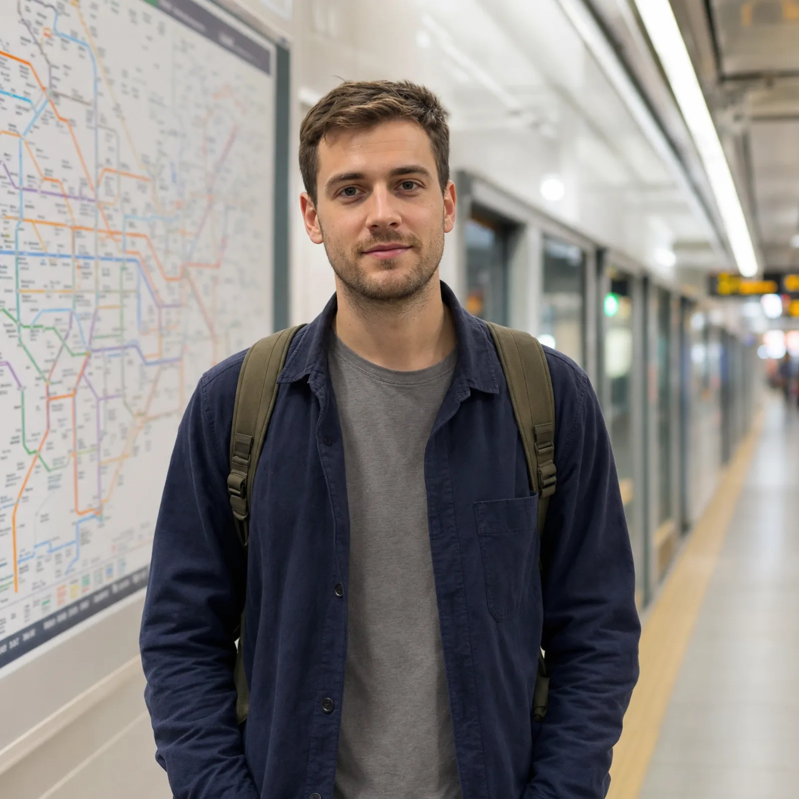 il viaggiatore su una banchina della metropolitana di Seul, davanti a una mappa delle linee in hangeul e in inglese