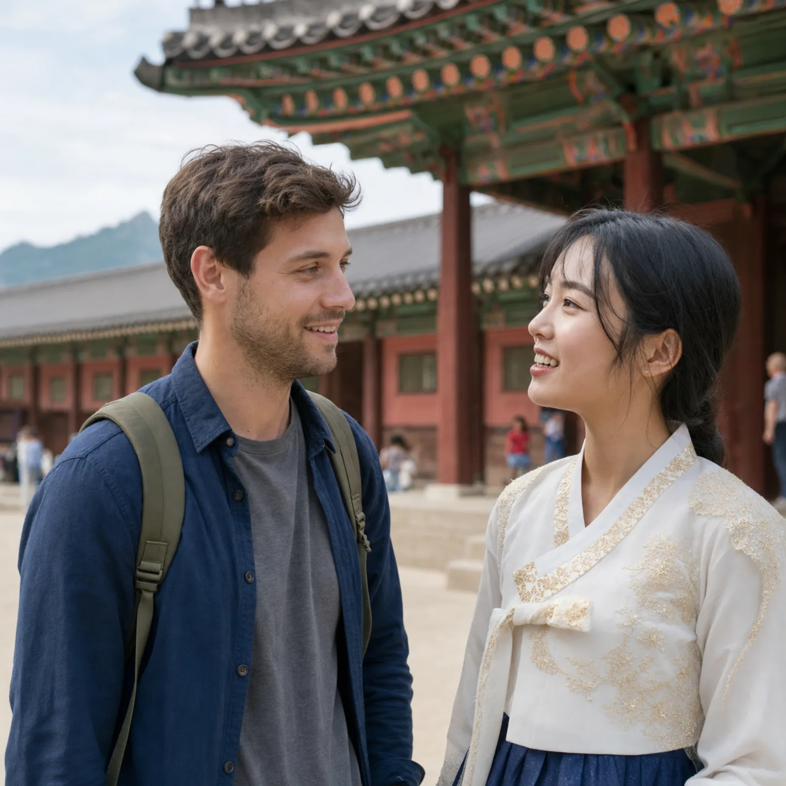 le voyageur discute avec une jeune Coréenne dans la cour du palais Gyeongbokgung à Séoul