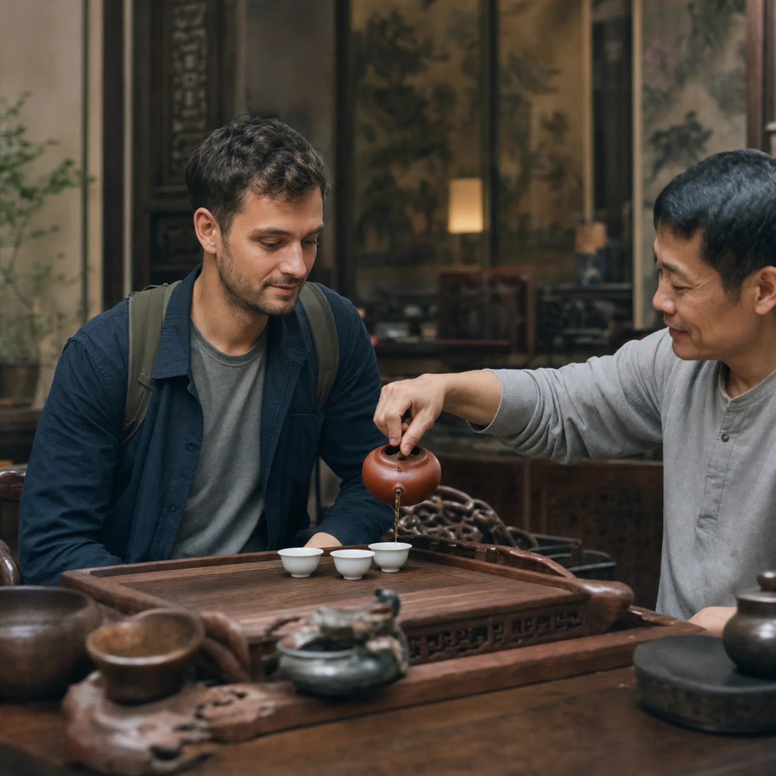 el viajero está invitado a una mesa de té gongfu en una casa del casco antiguo de Chaozhou; el anfitrión sirve el té de una teterita de barro en tres tazas diminutas