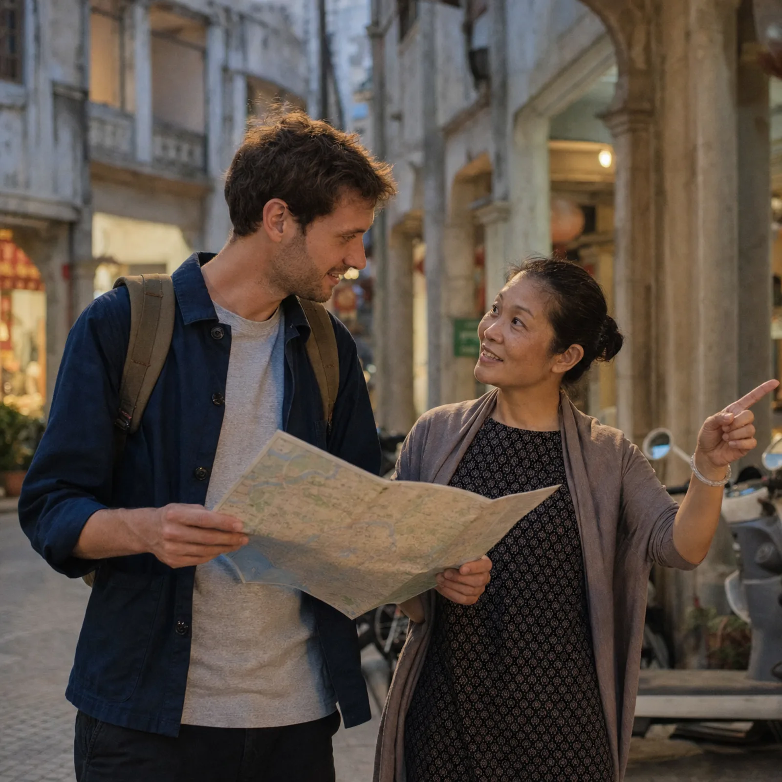 el viajero, plano en mano, pregunta el camino a una transeúnte bajo los soportales de una calle antigua de Shantou; motos y fachadas con columnas a la luz del atardecer