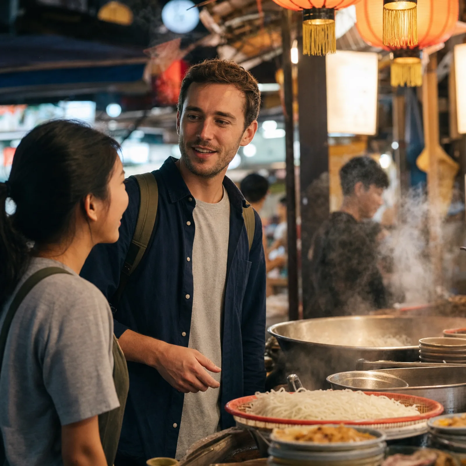 el viajero charla con una joven ante un puesto de fideos de arroz humeantes en un mercado nocturno de Shantou, farolillos y vapor sobre las ollas