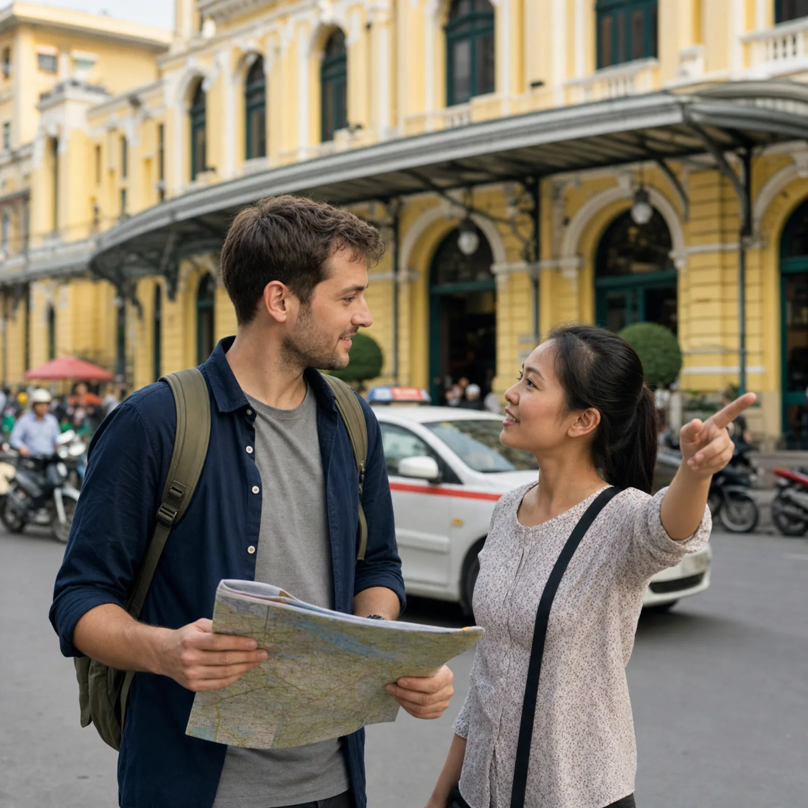 旅行者手拿地图，在河内火车站前向一位女路人问路，黄色外墙，摩托车和出租车